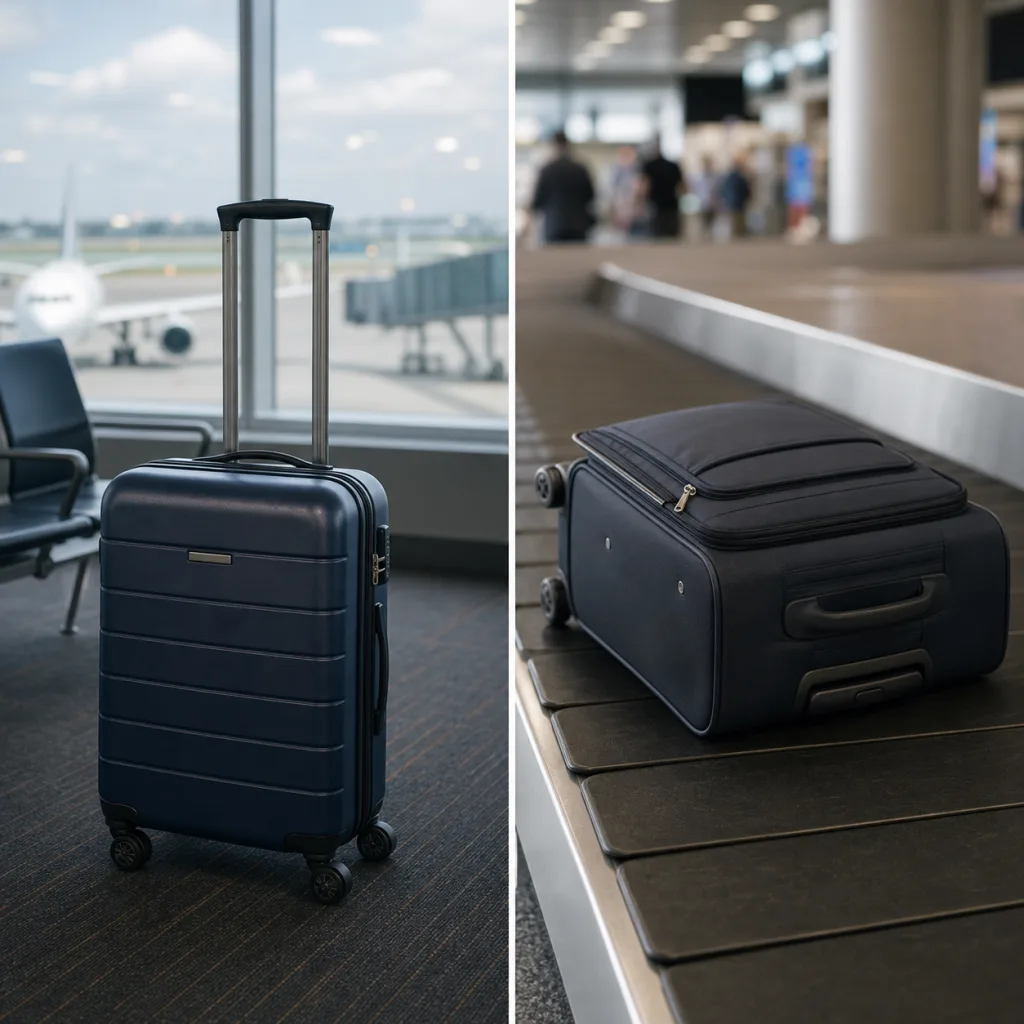 A traveller comparing a cabin suitcase and a larger checked suitcase at an airport baggage scale