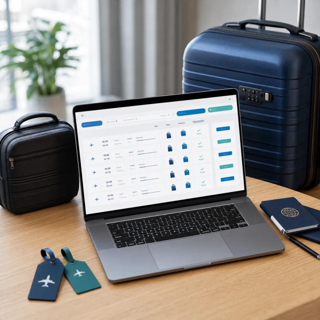 A baggage-aware flight comparison screen on a laptop beside cabin and checked luggage