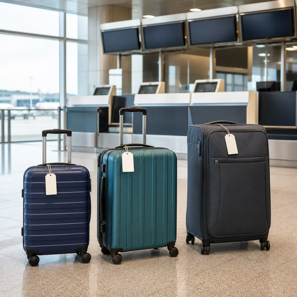 Three unbranded suitcases at an airport counter showing different baggage choices for budget airlines