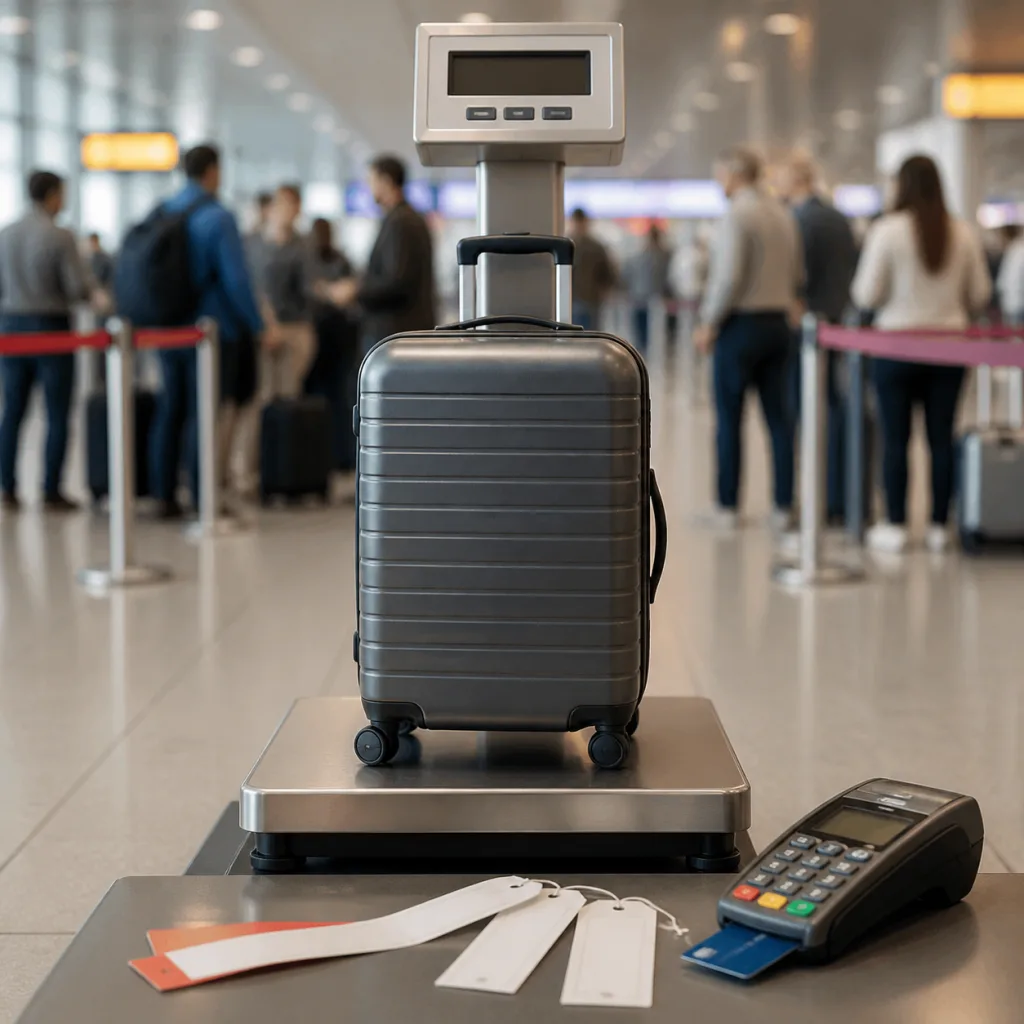 A suitcase on an airport luggage scale with blank baggage tags and a card reader nearby
