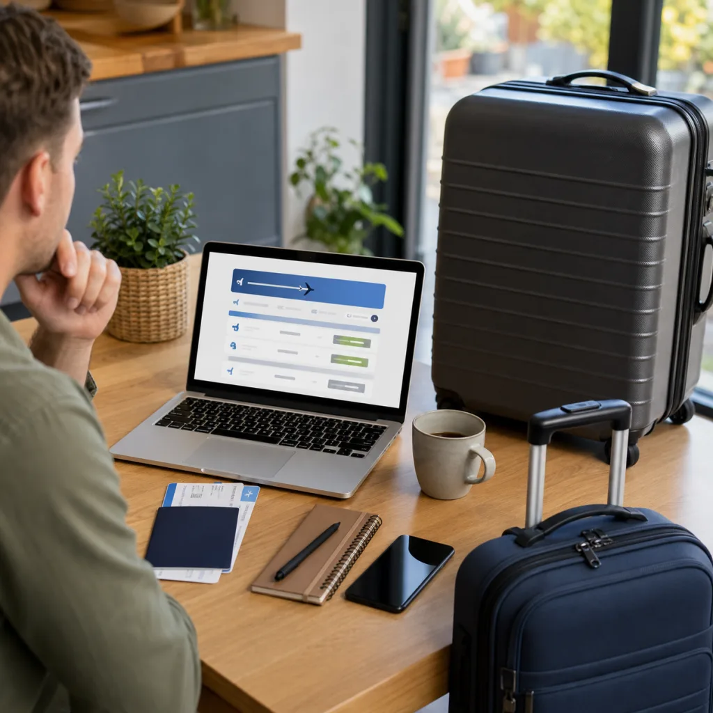 A traveller planning a flight on a laptop beside cabin and checked luggage